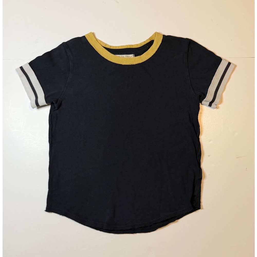 We The Free Ringer Lets Do This Tee Womens Small Black Striped Sleeve Curved Hem
